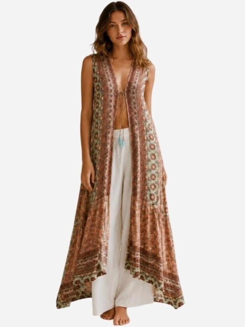 Boho Floral Print Maxi Vest in Brown and Cream